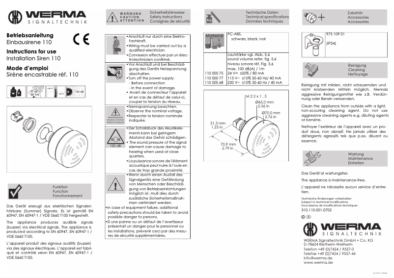 Page n°1 - Manuel utilisateur Werma 110.000.68