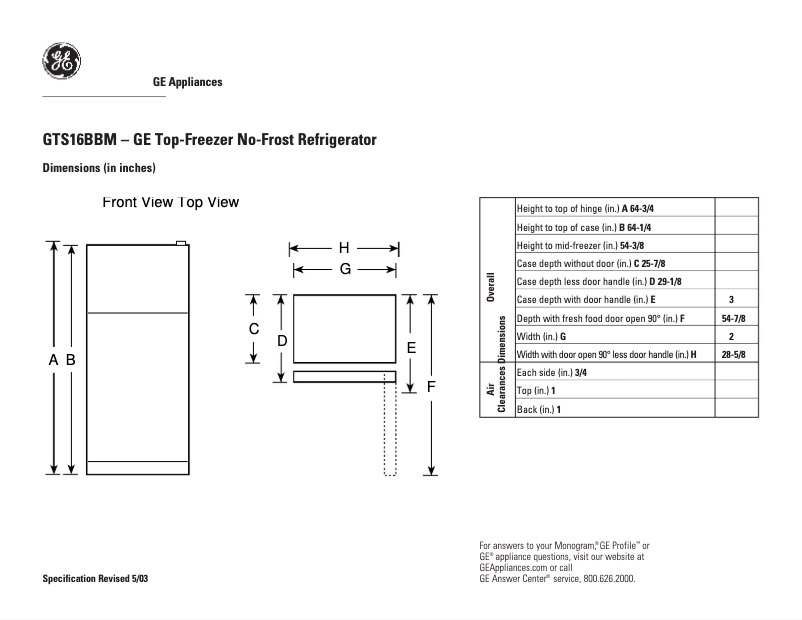Page 1 of the manual Technical Sheet GE GTS16BBMRAA