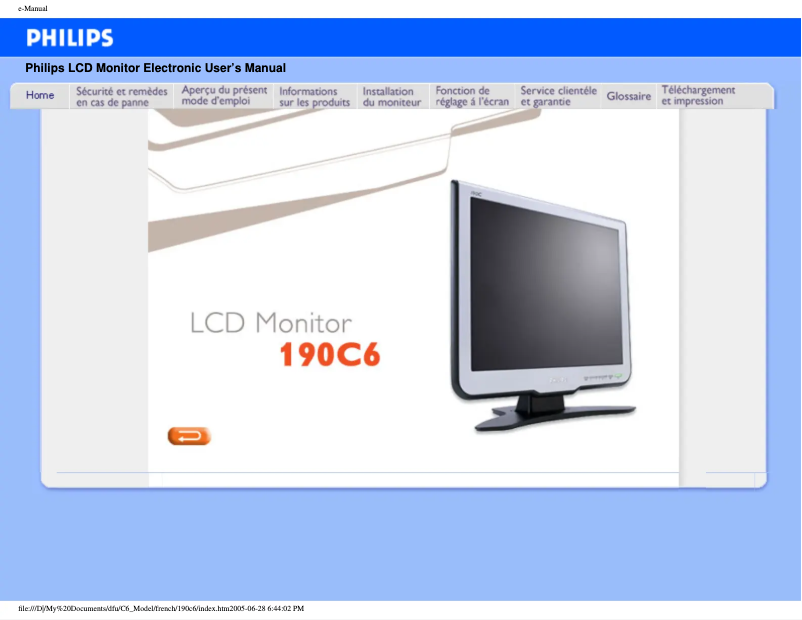 Page 1 de la notice Manuel utilisateur Philips 190C6FS