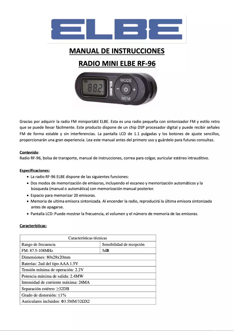 Image de la première page du manuel de l'appareil RF-96
