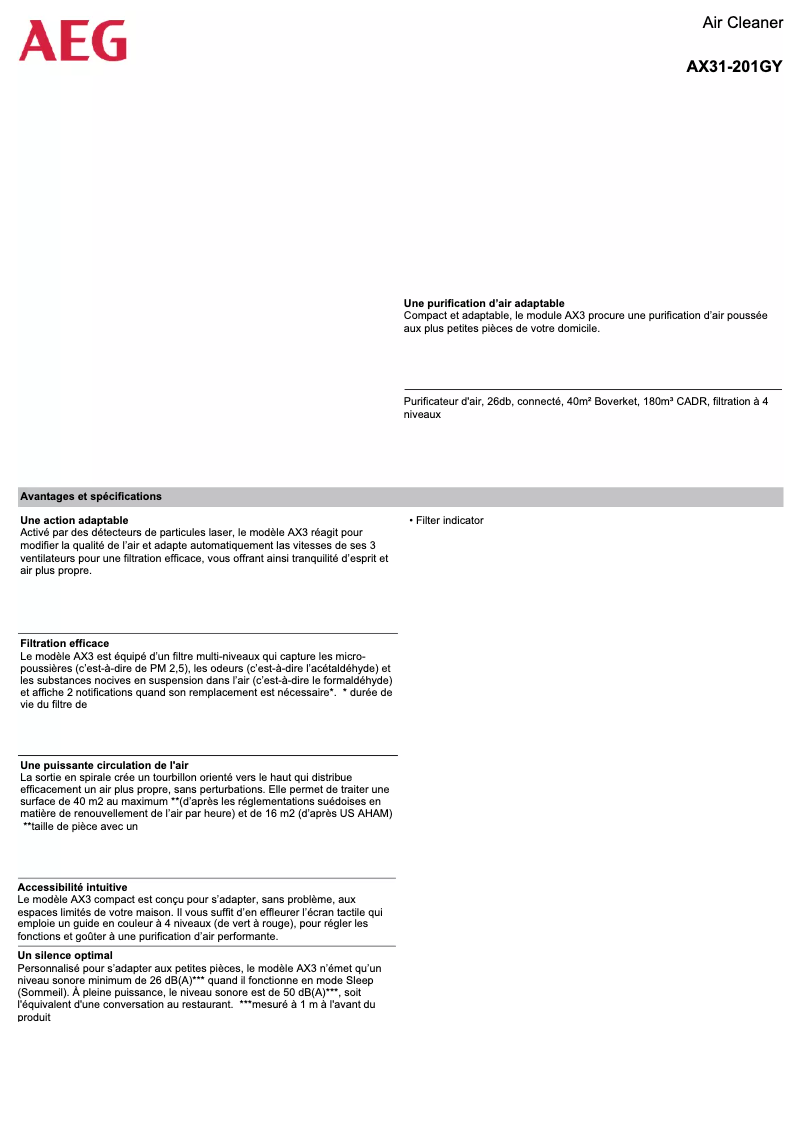 Page 1 de la notice Fiche technique AEG AX31-201