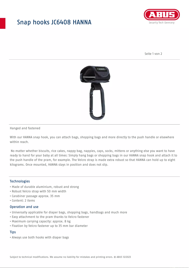 Page n°1 - Fiche technique Abus JC6408 Hanna