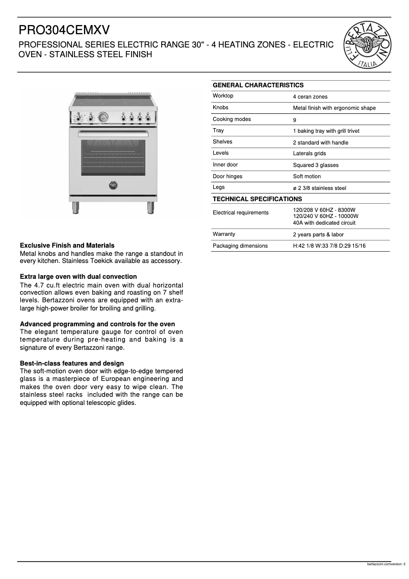 Page 1 de la notice Fiche technique Bertazzoni PRO304CEMXV