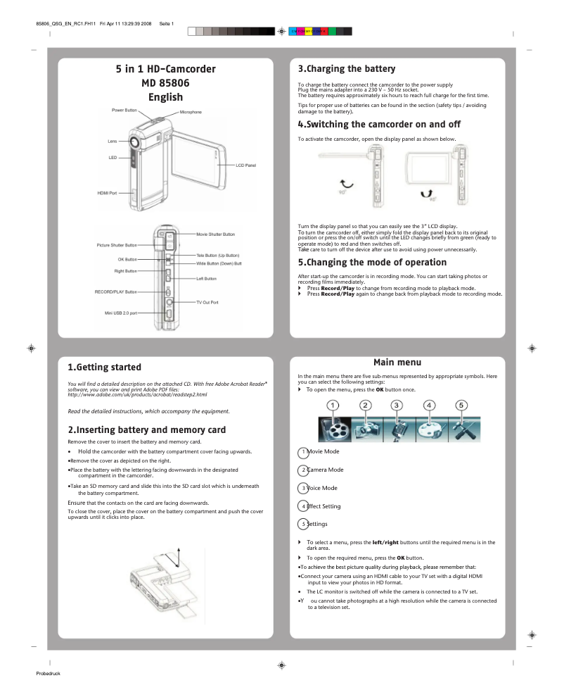 Page 1 de la notice Guide de démarrage rapide Medion LIFE P47000 (MD 85806)