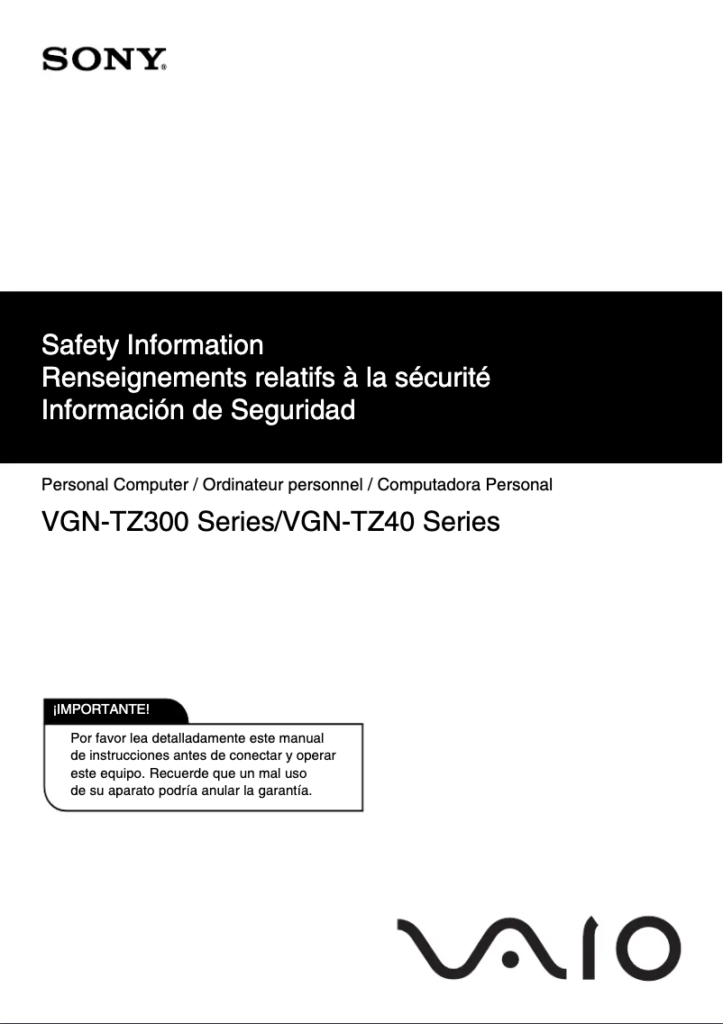 Página 1 del manual Instrucciones de seguridad Sony Vaio VGN-TZ390