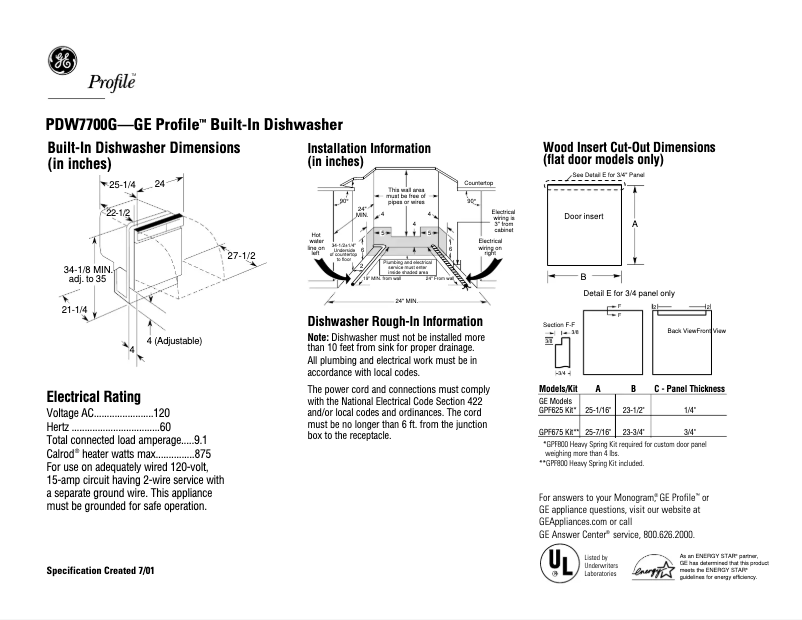 Página 1 del manual Ficha técnica GE Profile PDW7700GWW