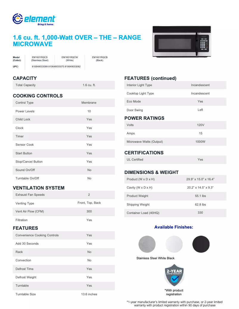 Page 1 de la notice Fiche technique Element EM1601RQCB