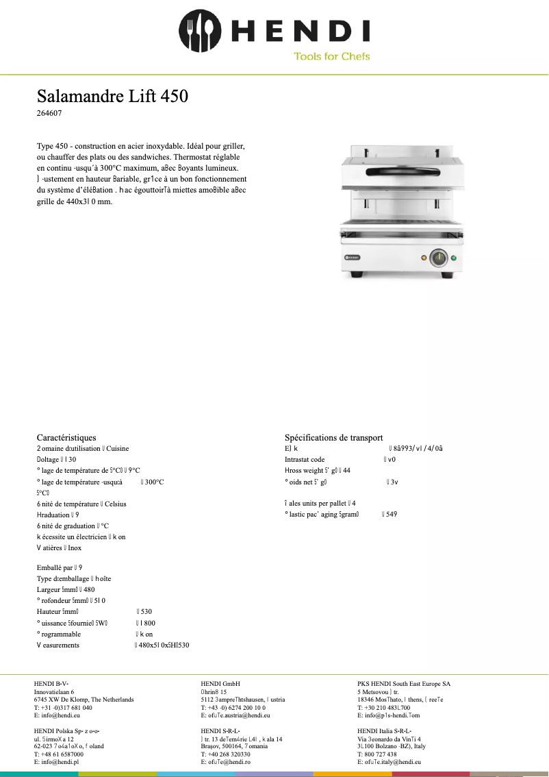 Page 1 de la notice Fiche technique Hendi 264607