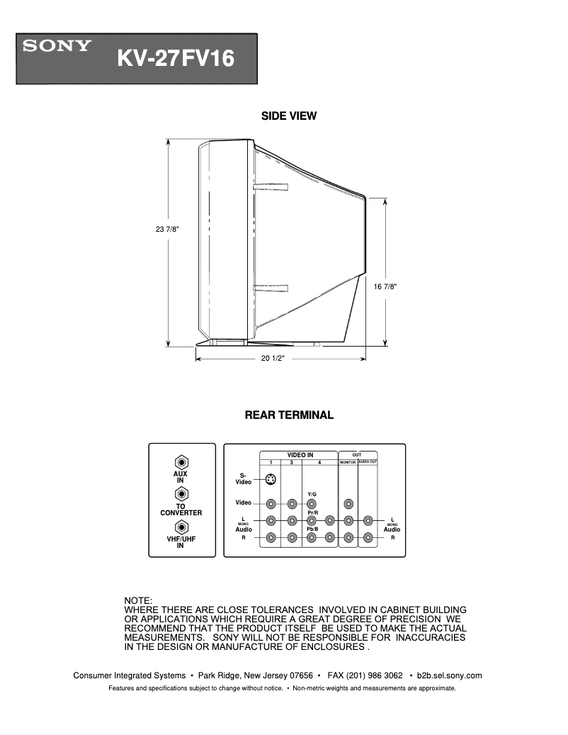 Page 1 de la notice Guide d'installation Sony KV-27FV16