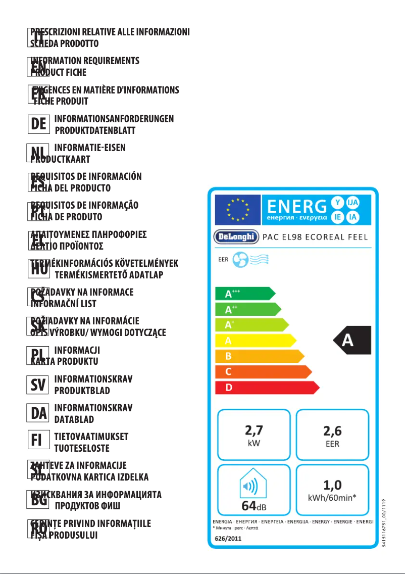 Page 1 de la notice Fiche technique DeLonghi Pinguino PAC EL98 ECO Real Feel