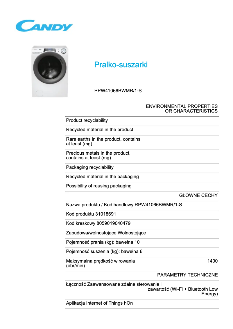 Page 1 de la notice Fiche technique Candy RPW41066BWMR/1-S