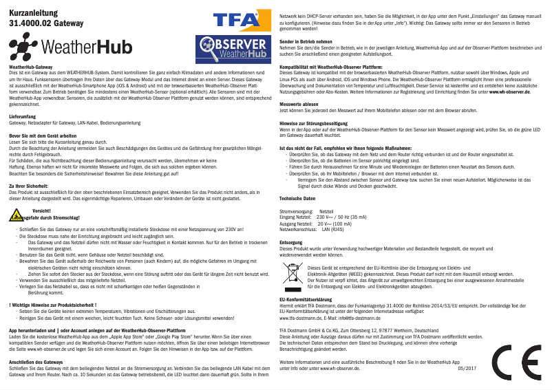 Image de la première page du manuel de l'appareil WeatherHub Observer 31.4012.02