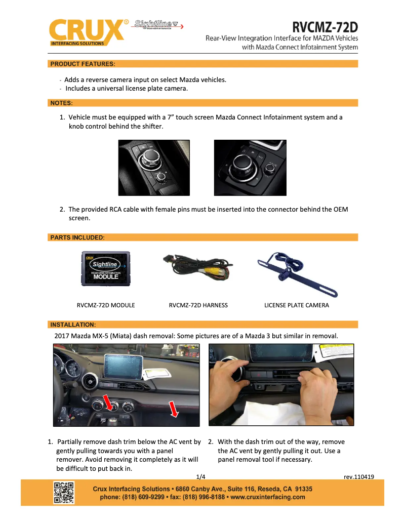 Page 1 de la notice Manuel utilisateur CRUX RVCMZ-72D