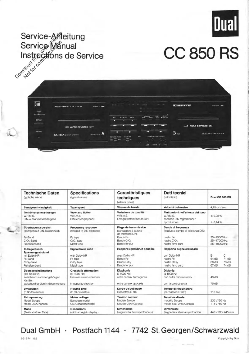 Page n°1 - Manuel utilisateur Dual C 850 RS