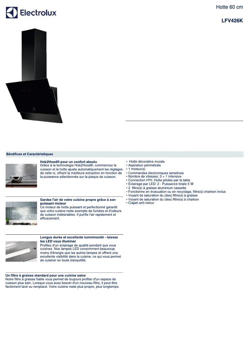 Page 1 de la notice Fiche technique Electrolux LFV426K