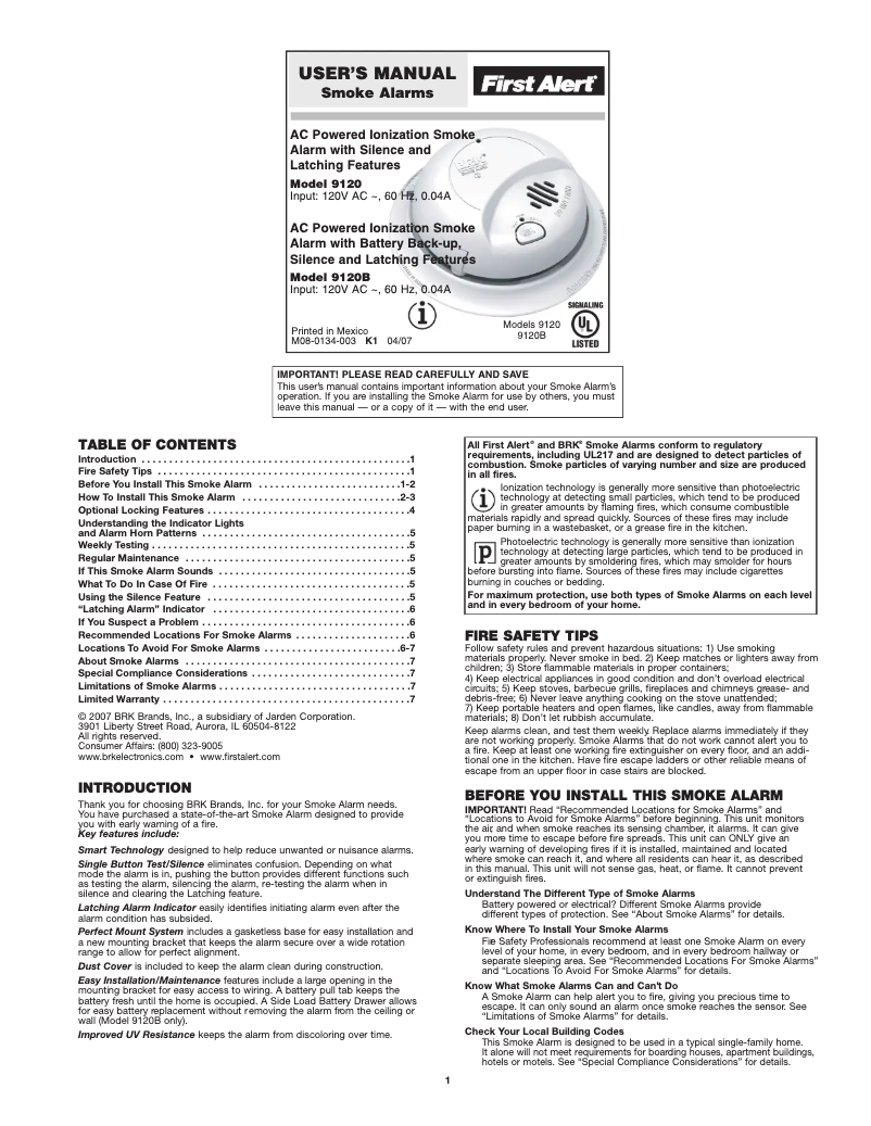 Page n°1 - Manuel utilisateur First Alert 9120B6CP