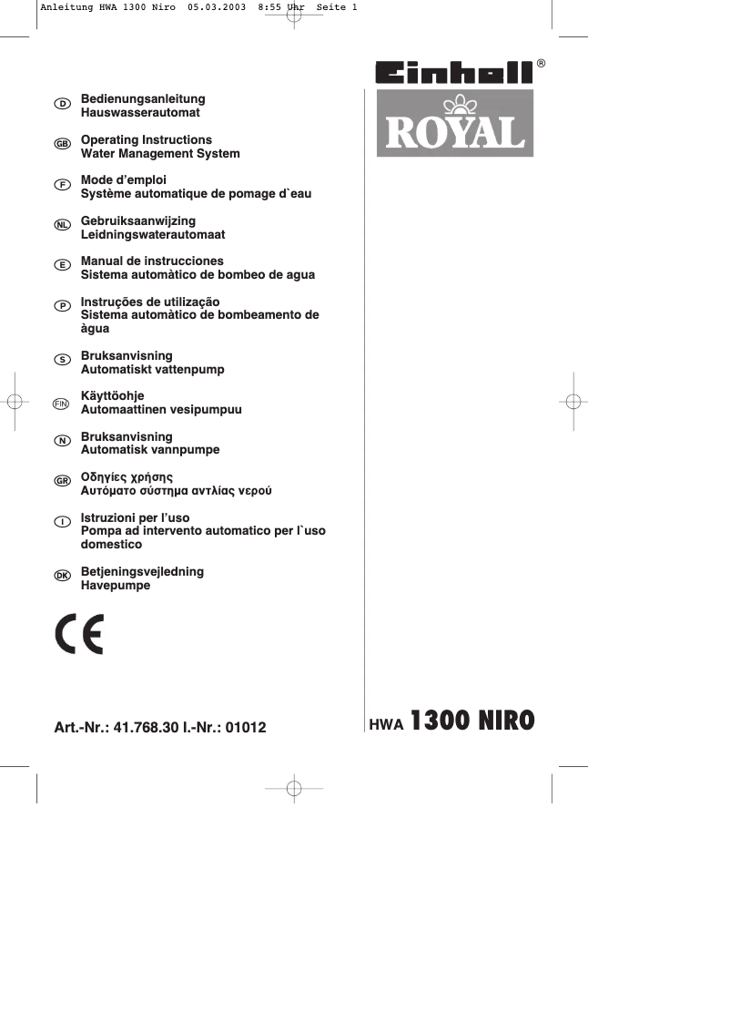 Image de la première page du manuel de l'appareil Royal HWA 1300 Niro