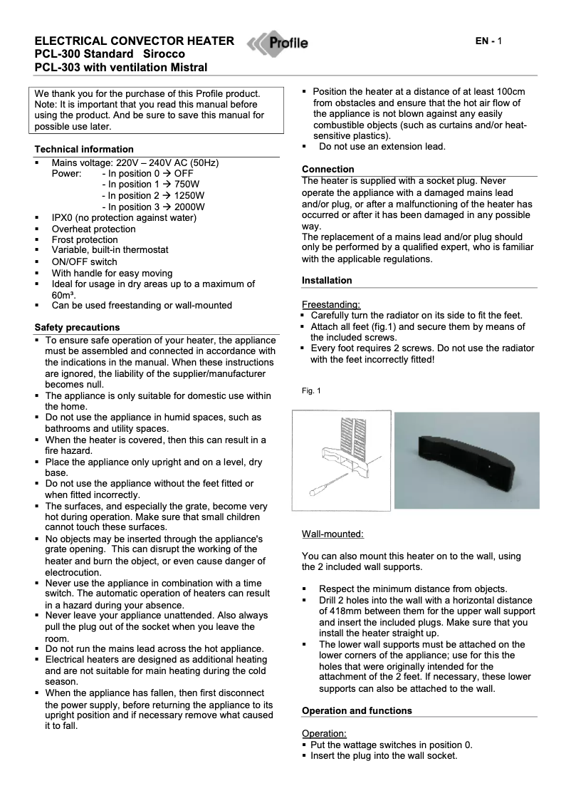 Page 1 de la notice Manuel utilisateur Profile Fogo Junior PCL-306