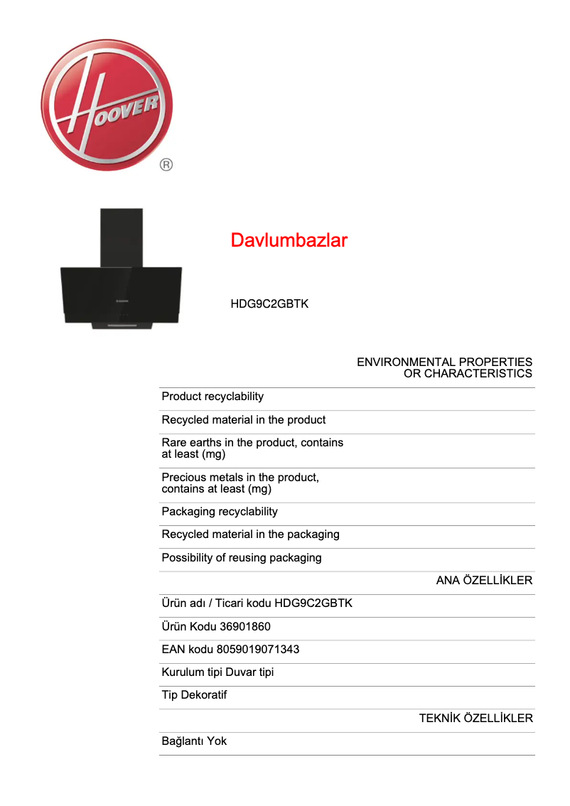 Page n°1 - Fiche technique Hoover HDG9C2GBTK