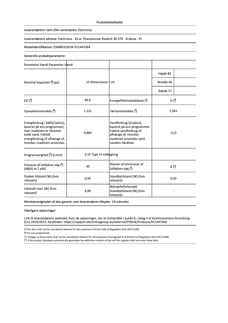 Page n°1 - Fiche technique Electrolux ESM89310UW