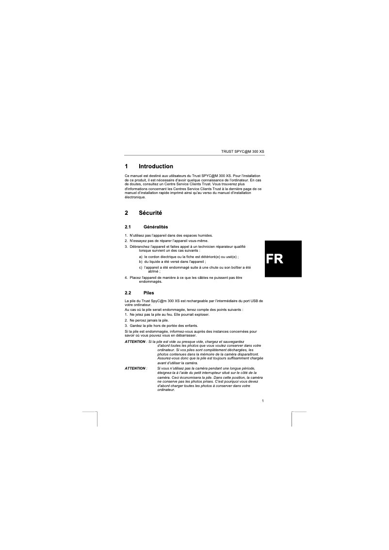 Image de la première page du manuel de l'appareil SpyCam 300XS