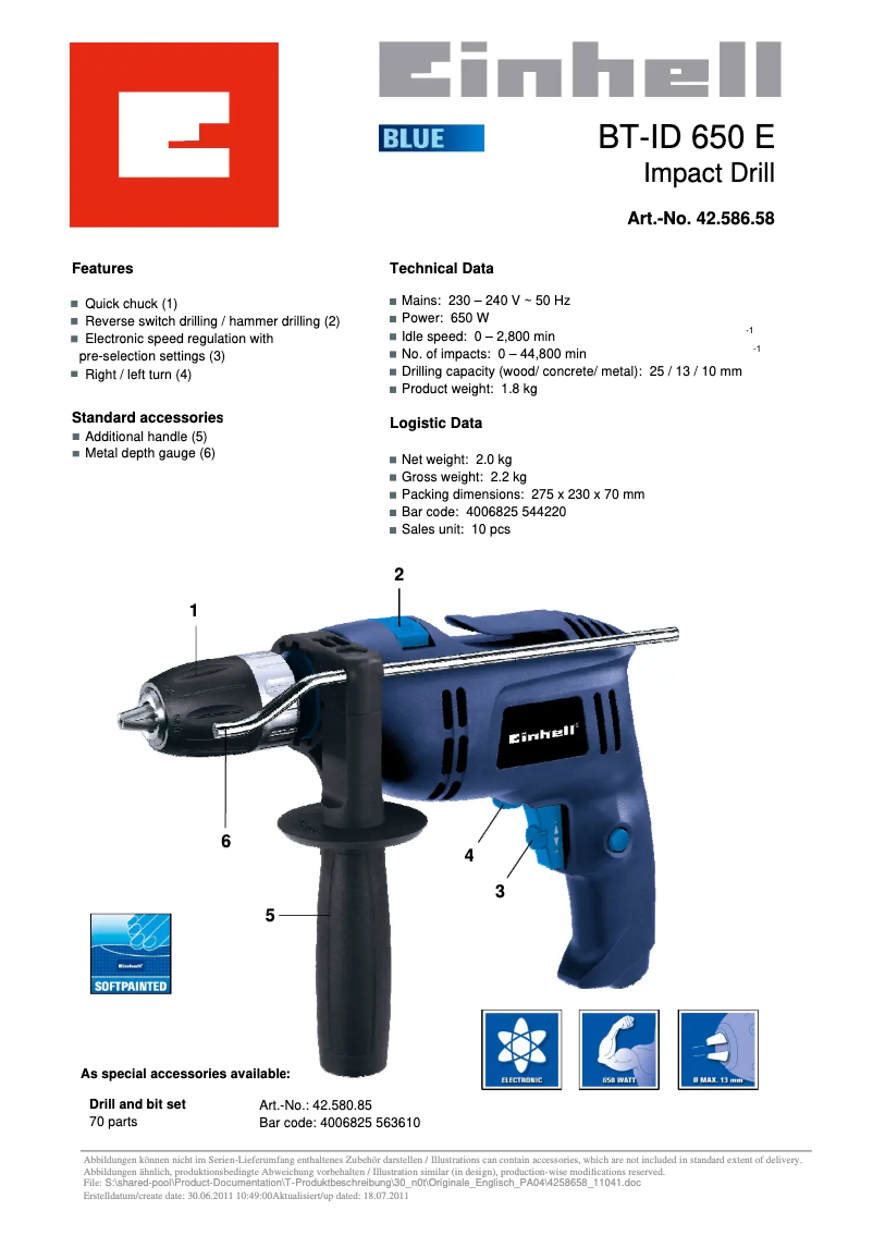 Page 1 de la notice Manuel utilisateur Einhell BT-ID 650 E