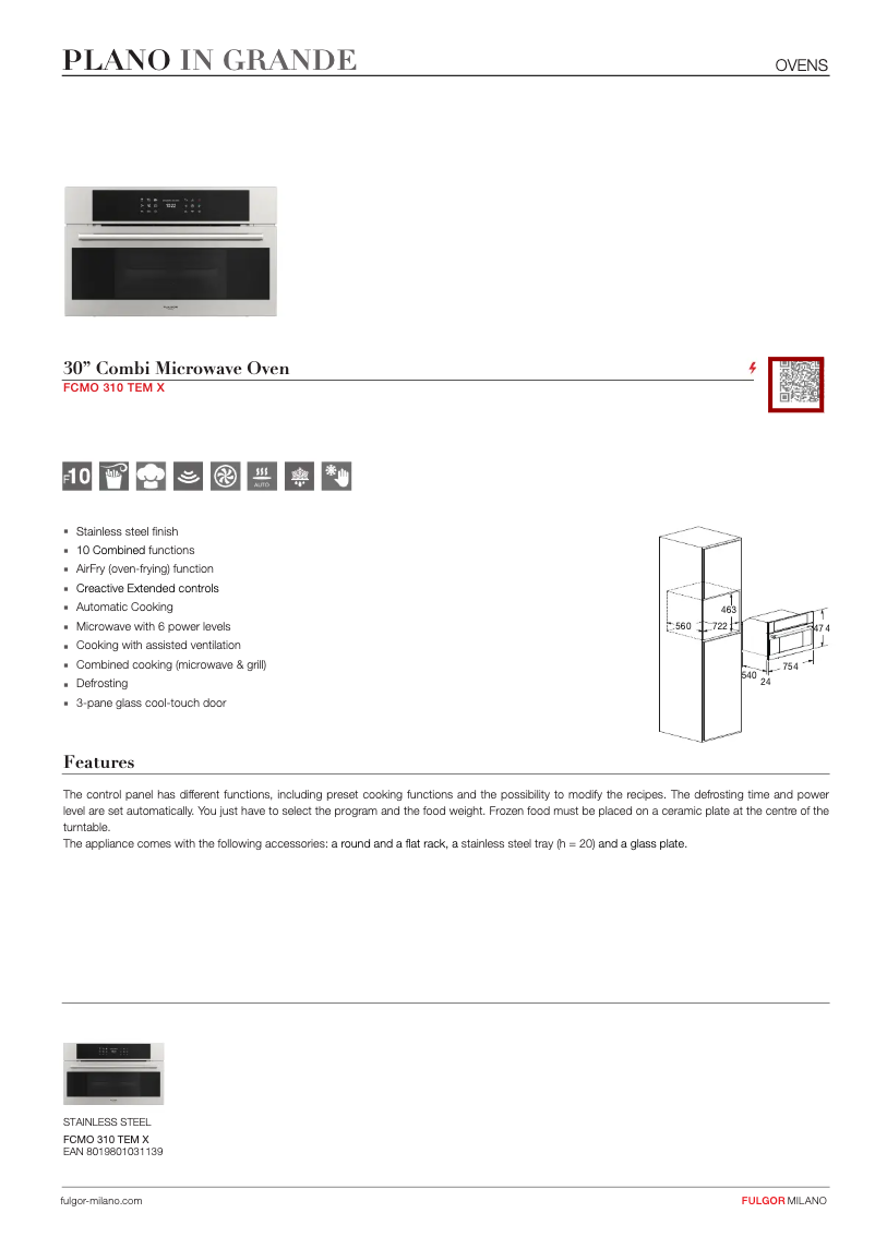 Page 1 de la notice Fiche technique Fulgor Milano FCMO 310 TEM X