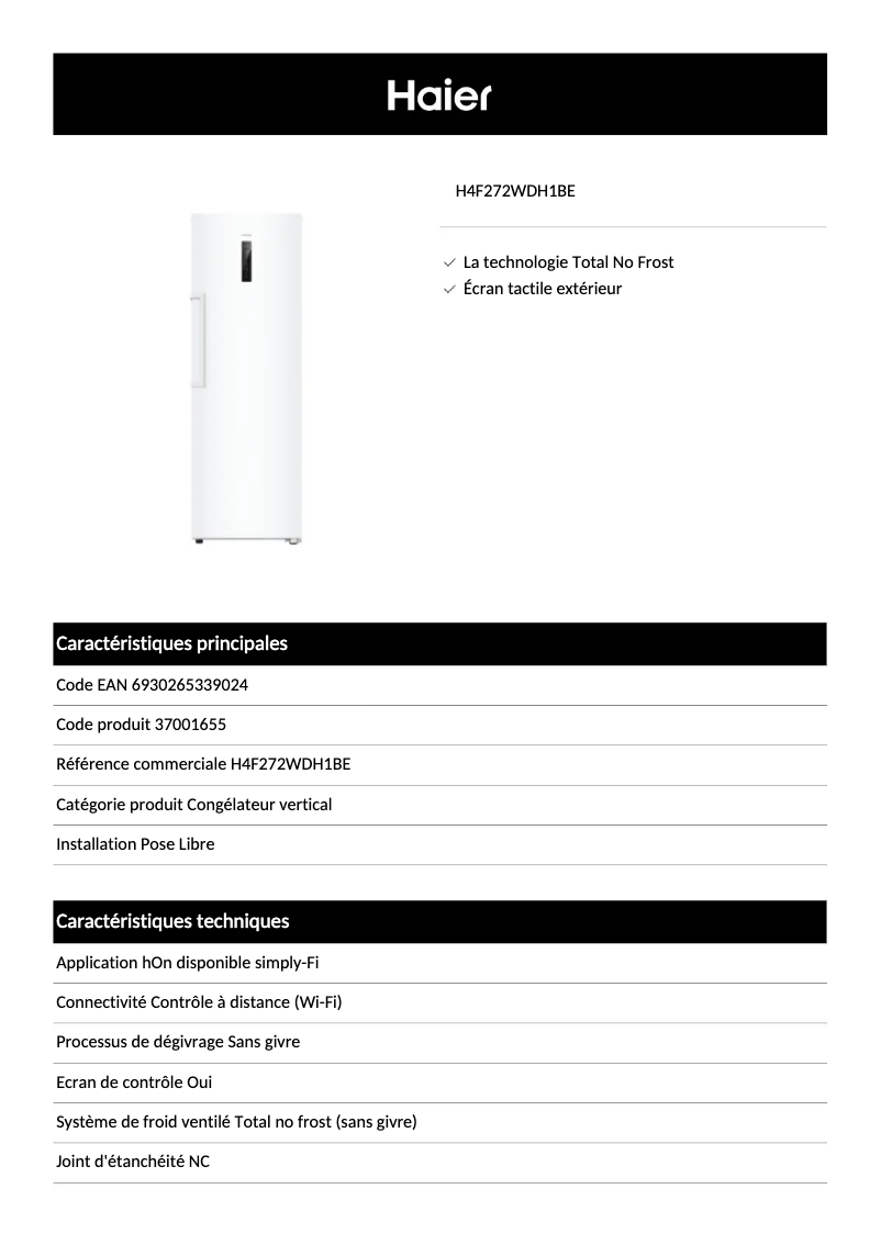 Page n°1 - Fiche technique Haier H4F272WDH1BE