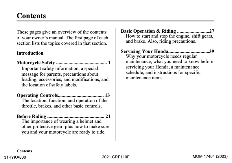 Page 1 of the manual User Manual Honda CRF110F (2021)