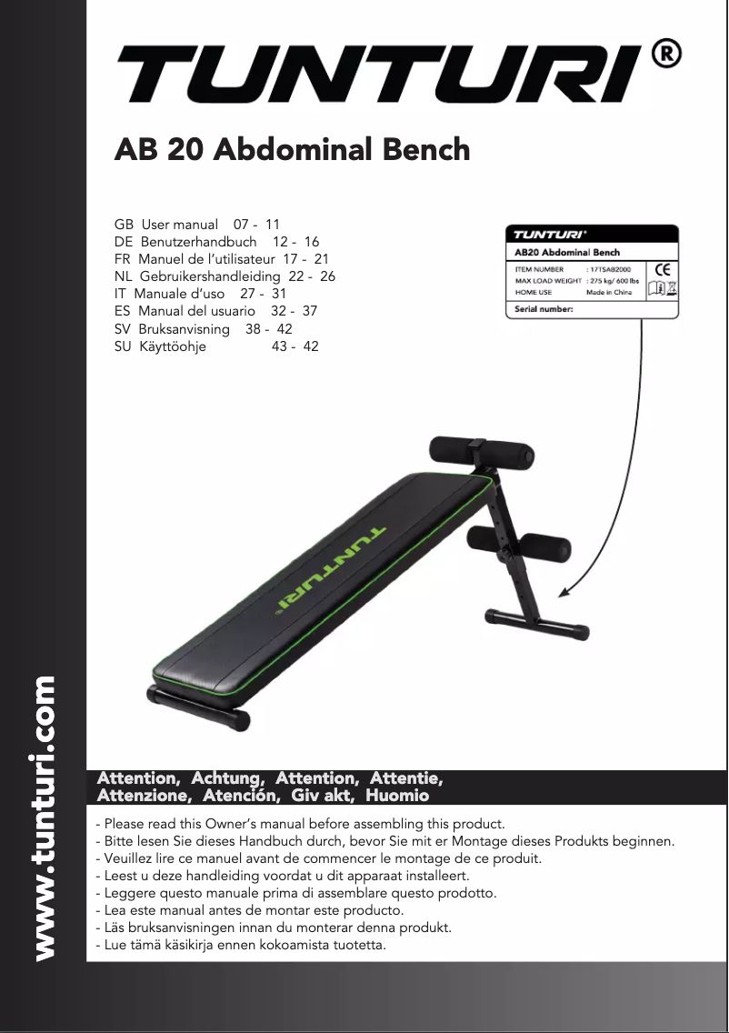 Image de la première page du manuel de l'appareil AB20 Abdominal Bench
