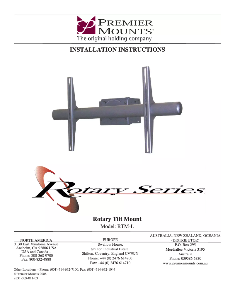 Page 1 de la notice Manuel utilisateur Premier Mounts RTM-L