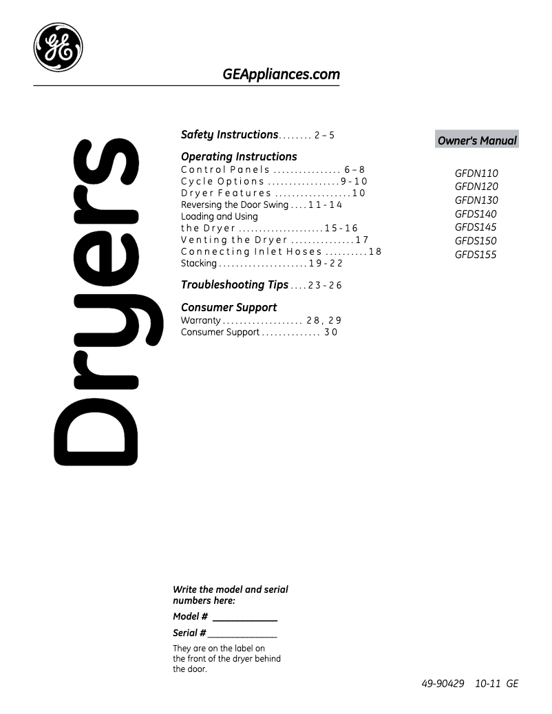 Page n°1 - Manuel d'utilisation et d'entretien GE GFDN110ELWW