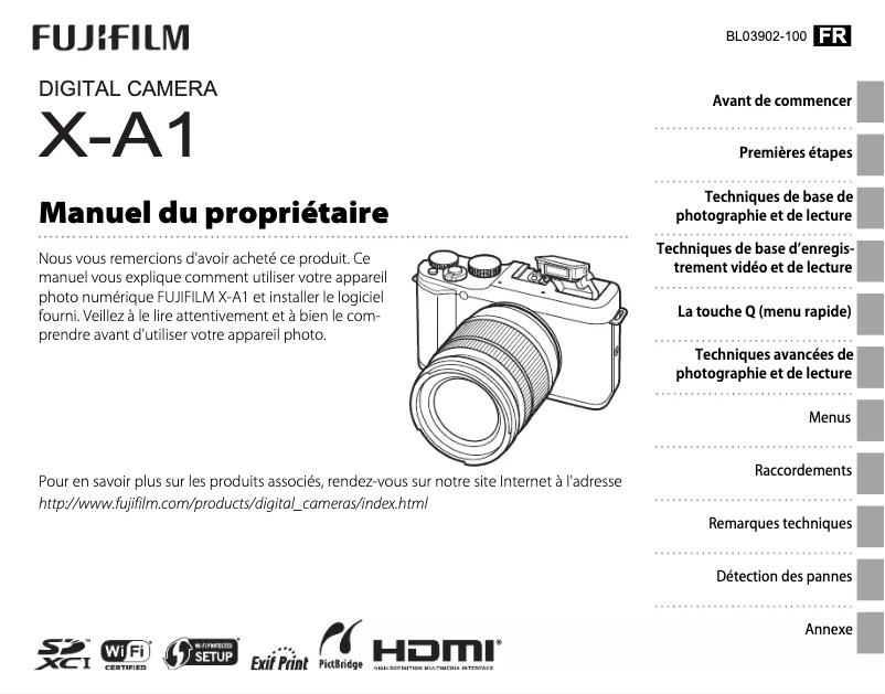 Page 1 de la notice Manuel utilisateur Fujifilm X-A1