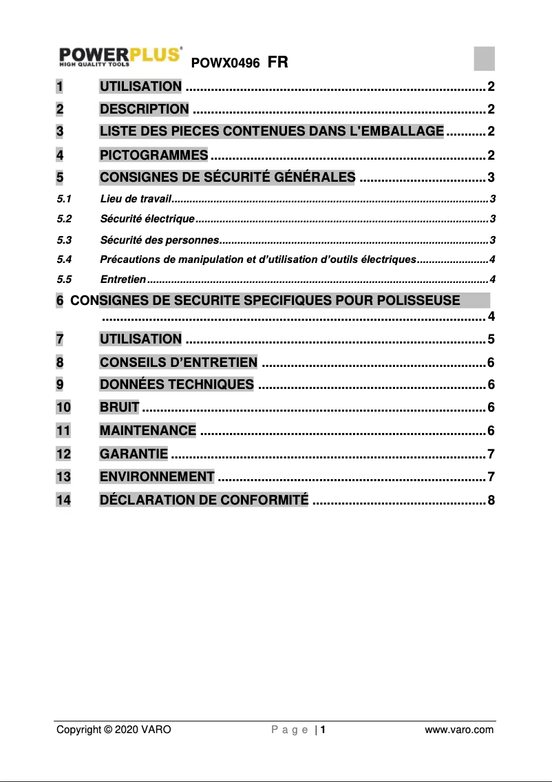 Page n°1 - Manuel utilisateur PowerPlus POWX0496