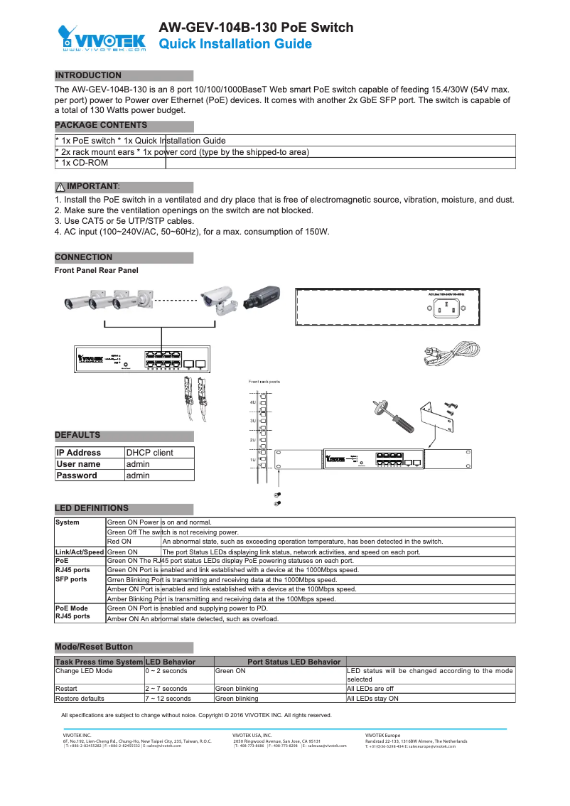 Page 1 de la notice Guide d'installation Vivotek AW-GEV-104B-130