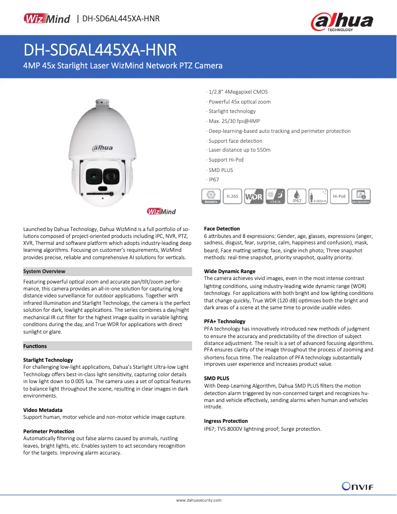 Page n°1 - Fiche technique Dahua Technology SD6AL445XA-HNR