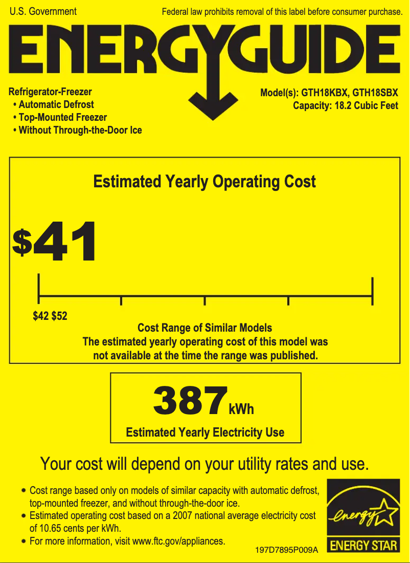 Page 1 de la notice Label énergétique GE GTH18KBXCC