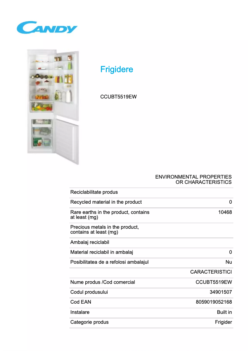 Page 1 de la notice Fiche technique Candy CCUBT5519EW