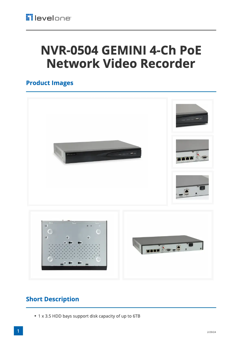 Page 1 de la notice Fiche technique LevelOne NVR-0504