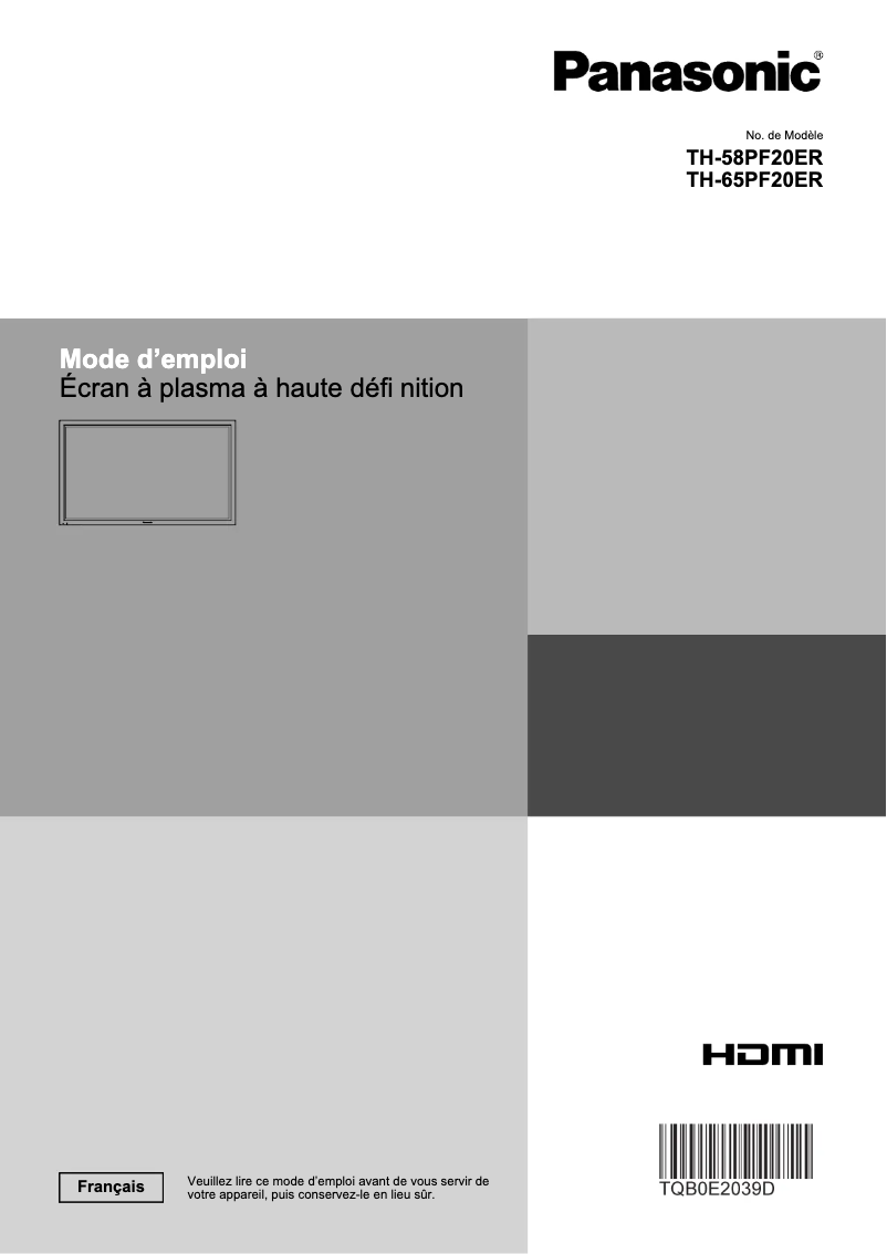 Page 1 de la notice Manuel utilisateur Panasonic TH-65PF20ER