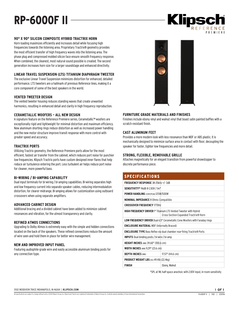 Page 1 de la notice Fiche technique Klipsch Reference Premiere RP-6000F II