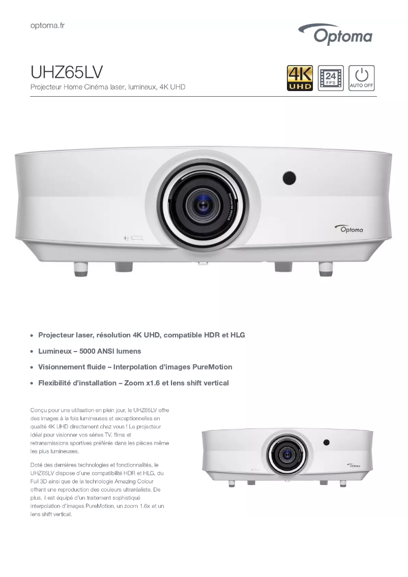 Page 1 de la notice Fiche technique Optoma UHZ65LV