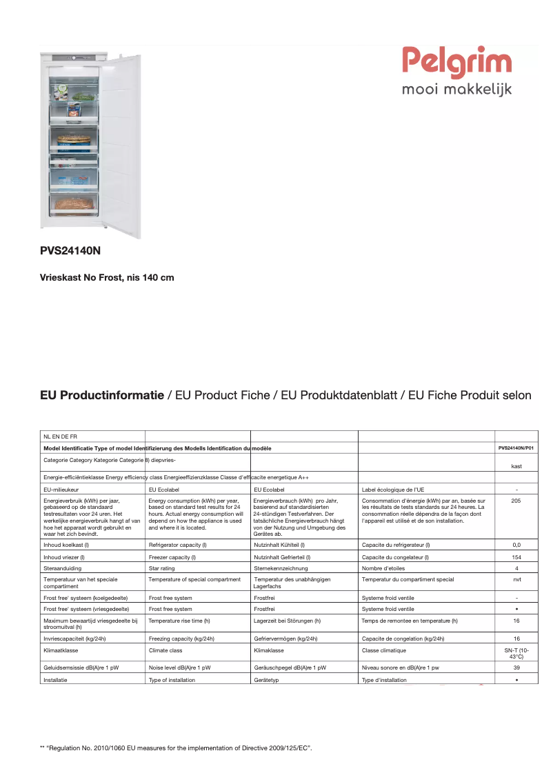 Page 1 de la notice Fiche technique Pelgrim PVS24140N