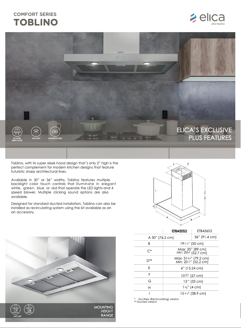 Page 1 de la notice Fiche technique Elica Toblino ETB436S2