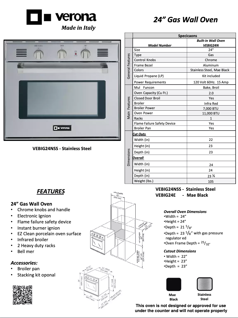 Page n°1 - Fiche technique Verona VEBIG24NE