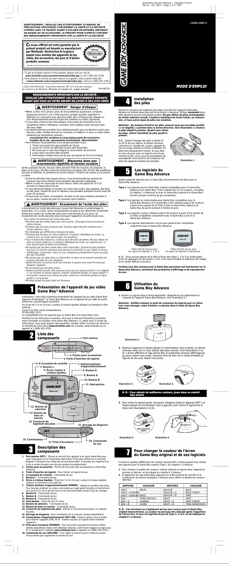 Imagen de la primera página del manual del dispositivo Game Boy Advance
