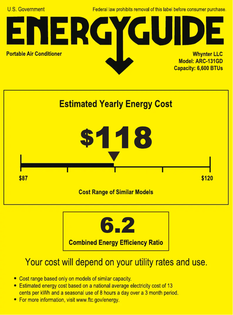 Page 1 de la notice Label énergétique Whynter ARC-131GD