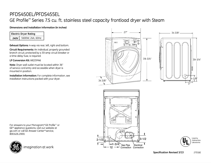 Page 1 de la notice Fiche technique GE Profile PFDS450ELWW