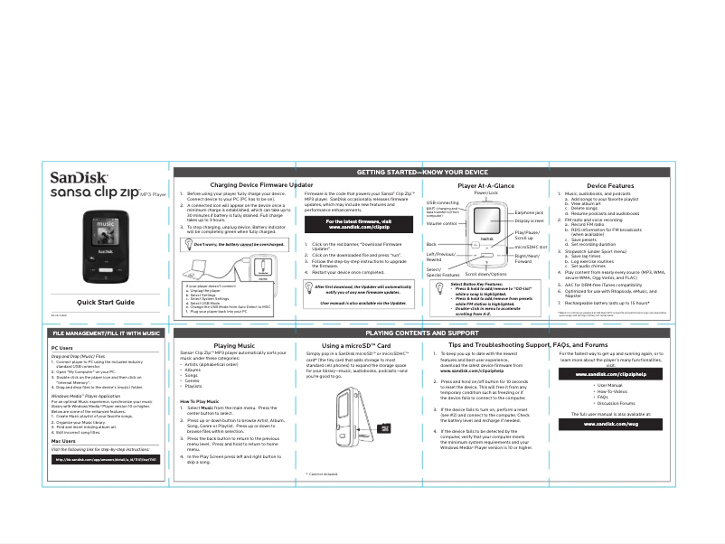 Page 1 de la notice Guide de démarrage rapide Sandisk Sansa Clip Zip