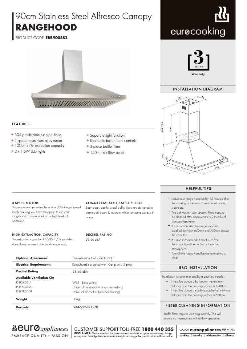 Page 1 de la notice Fiche technique Euro Appliances EBB900SS2